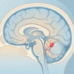 Beyincikte sıvı dolu kist ve kist duvarına yapışık kanlanması yüksek kırmızı hemanjioblastom nodülünün anatomik kesit illüstrasyonu