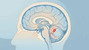Beyincikte sıvı dolu kist ve kist duvarına yapışık kanlanması yüksek kırmızı hemanjioblastom nodülünün anatomik kesit illüstrasyonu