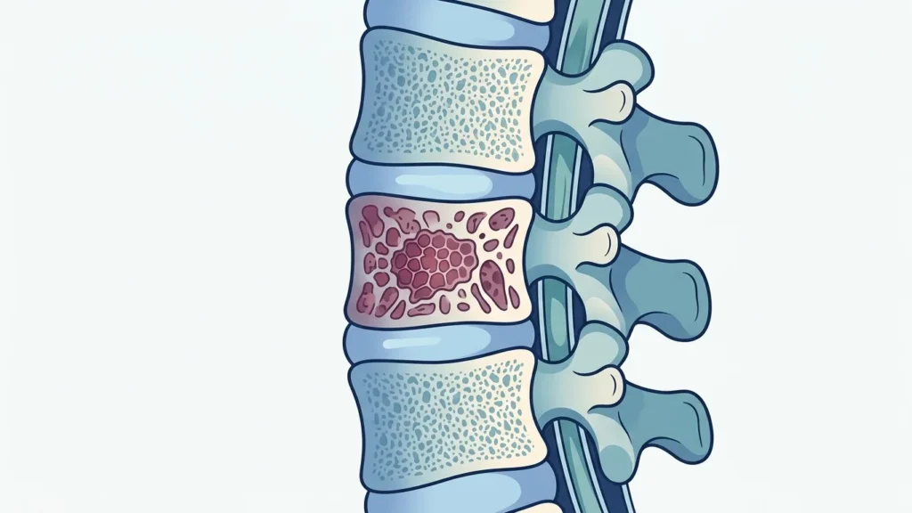 Vertebral hemanjiomda omur gövdesi içindeki bal peteği desenli damar yumağı ve seyrelmiş kemik kirişleri, komşu sağlıklı omurlarla karşılaştırma