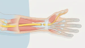 El bileği hizasında kesilerek iki ucu ayrılmış median sinir ve kesinin ötesinde soluklaşan sinir dallarını gösteren önkol anatomik illüstrasyonu