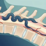 Omurilik yüzeyinde genişlemiş kıvrımlı toplardamarlar ve sinir kökü çıkışında atardamarla doğrudan bağlantı kuran spinal dural arteriovenöz fistülü gösteren omurga kesiti illüstrasyonu
