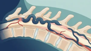 Omurilik yüzeyinde genişlemiş kıvrımlı toplardamarlar ve sinir kökü çıkışında atardamarla doğrudan bağlantı kuran spinal dural arteriovenöz fistülü gösteren omurga kesiti illüstrasyonu